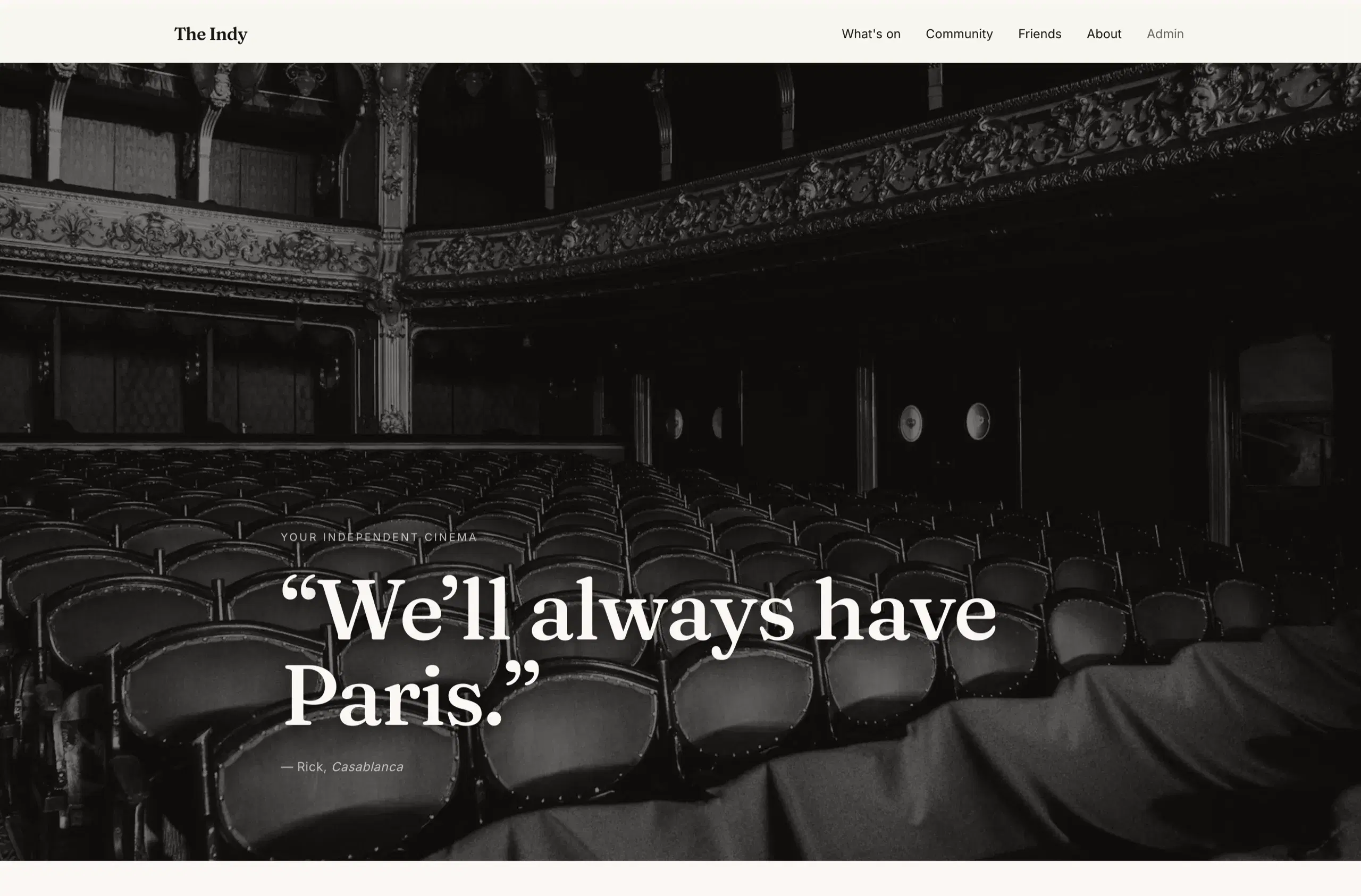 The Indy cinema booking platform: homepage showing current films and showtimes