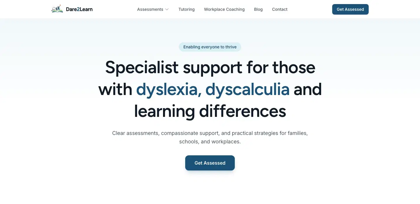 The rebuilt dare2learn.co.uk home page: specialist support for dyslexia, dyscalculia and learning differences